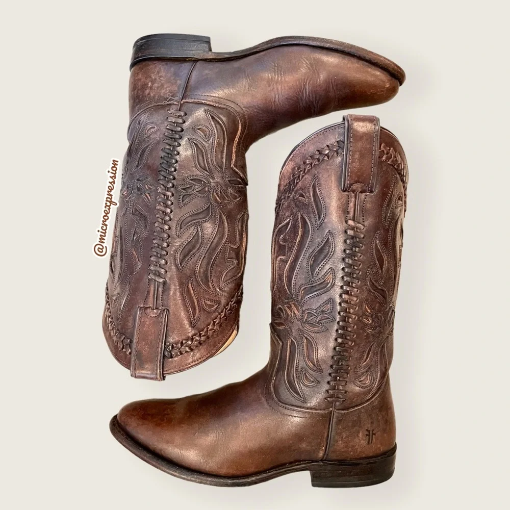 $429 Frye Wyatt Overlay Brown Leather Embroidered Pattern Tall Cute Cowboy Boot